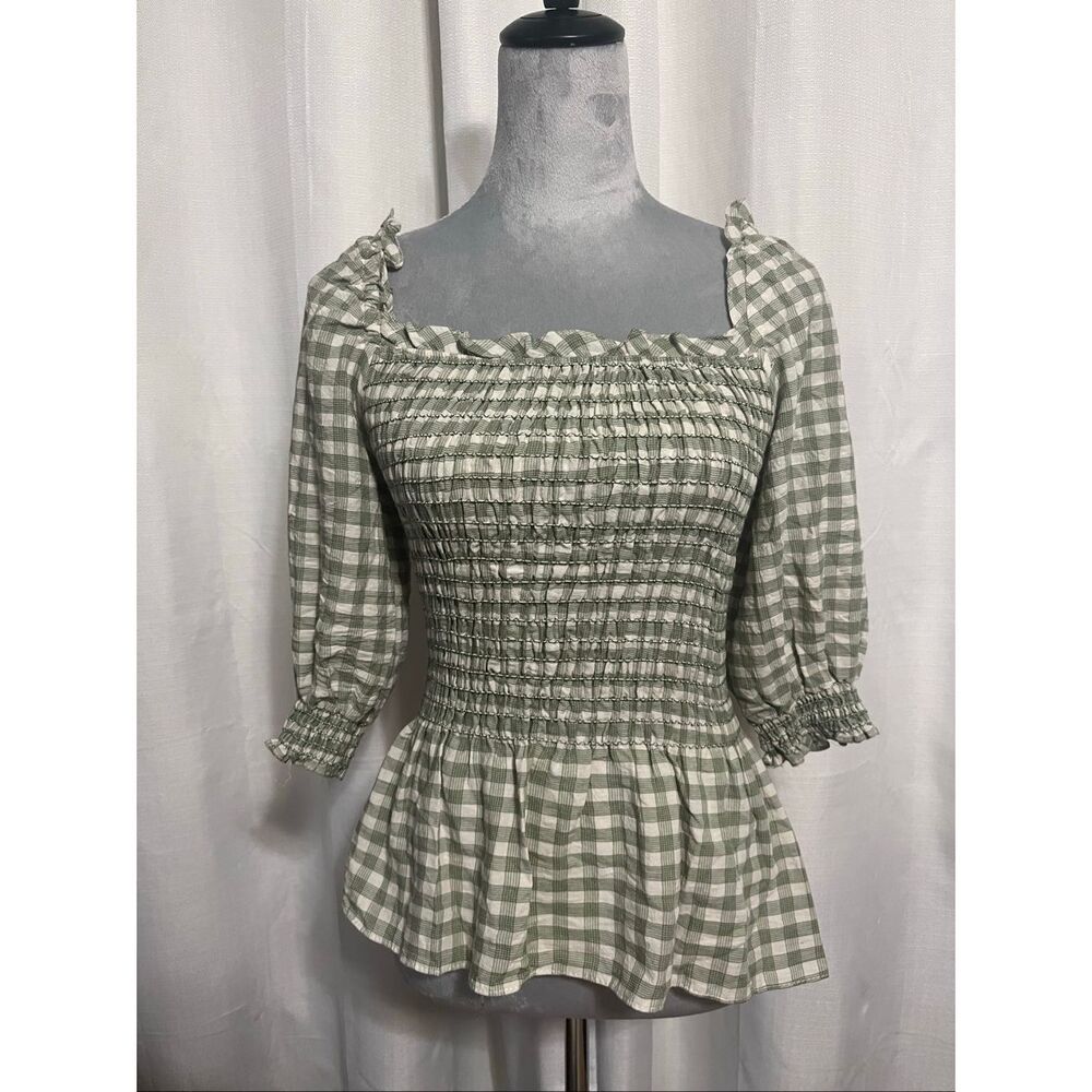 Max Studio Smocked Gingham Peplum Blouse in Sage Green Sz Medium NWT